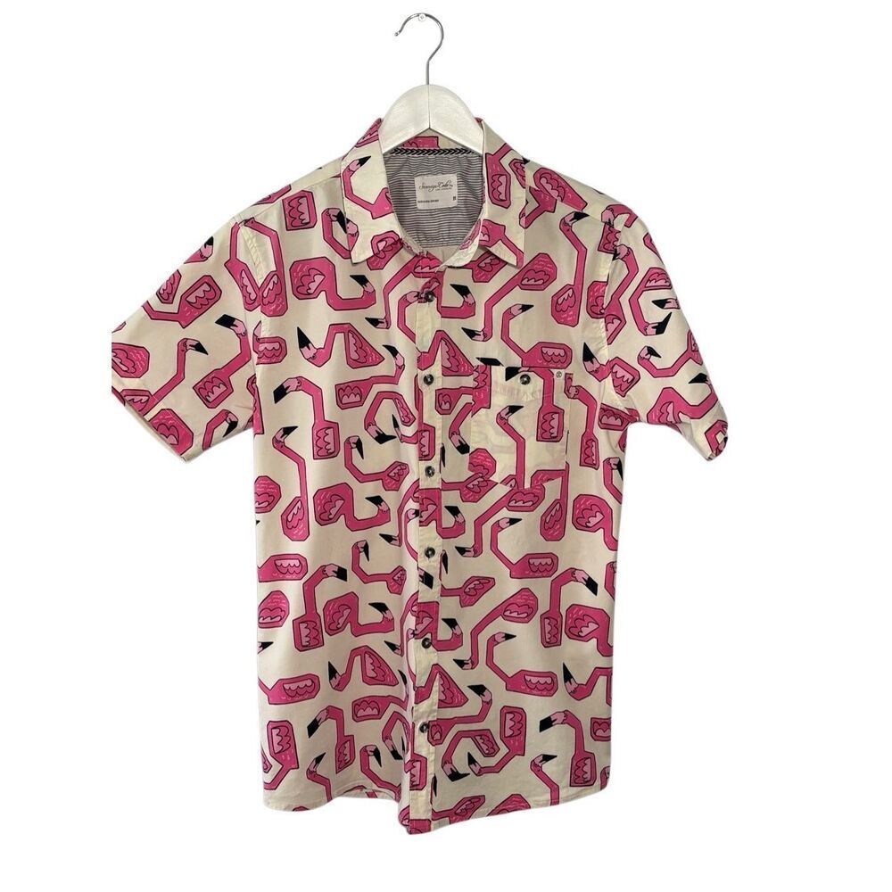 Sovereign Code pink flamingo short sleeve cotton button down shirt - M